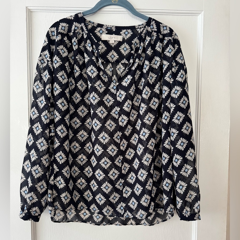 LOFT Navy Blue and Cream Floral Sheer Blouse